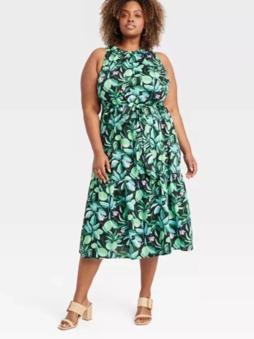 Ava & Viv Women’s Midi Tank Sleeveless Dress Green Tropical Print Size 3X New